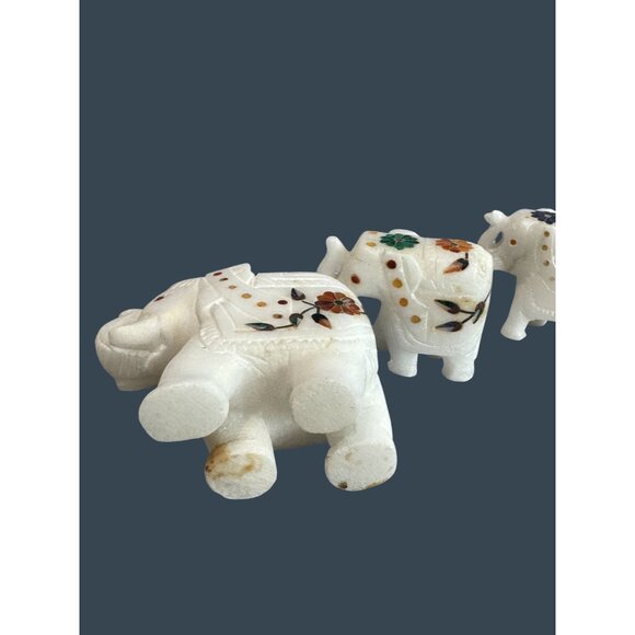 Marble Elephant Figurine Set With Floral Inlay Design - Picture 3 of 9